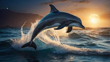 A dolphin leaps from the ocean at sunset, creating a dynamic and serene scene. photo