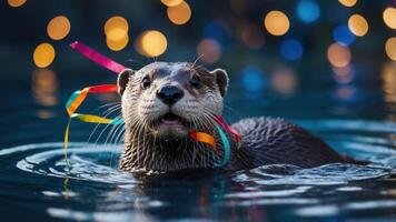 A playful otter swimming with colorful ribbons in a festive atmosphere. photo