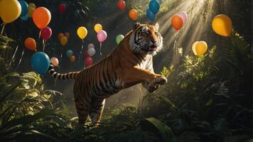 A tiger leaps joyfully among colorful balloons in a lush jungle setting. photo