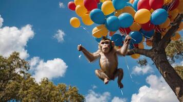 A monkey suspended in the air by colorful balloons against a blue sky. photo