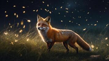 A majestic fox stands amidst glowing particles in a serene, dark forest setting. photo