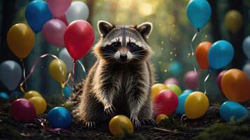 A raccoon surrounded by colorful balloons in a forest setting, evoking a festive atmosphere. photo