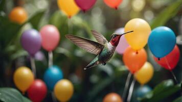A hummingbird hovering near colorful balloons in a lush setting. photo