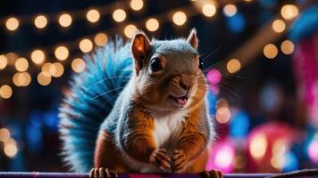 A close-up of a squirrel with a vibrant background of lights. photo