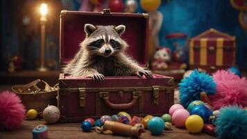 A raccoon playfully emerges from a vintage suitcase surrounded by colorful toys and decorations. photo