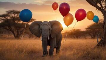 An elephant stands in a sunset landscape, holding colorful balloons, creating a whimsical scene. photo