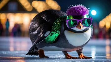 A stylish penguin wearing sunglasses and a sparkly scarf on an ice rink. photo
