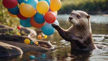 An otter curiously interacts with colorful balloons in a serene water setting. photo