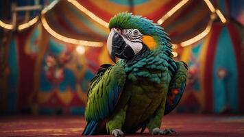 A vibrant parrot perched in a colorful circus setting, showcasing its bright plumage. photo