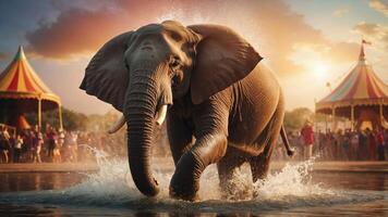 An elephant splashes through water near a circus, surrounded by colorful tents and spectators. photo