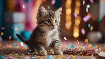 A playful kitten surrounded by colorful confetti, creating a festive atmosphere. photo