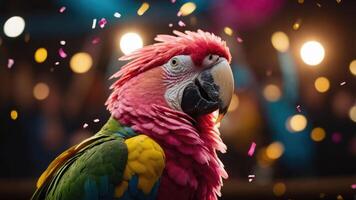A vibrant parrot with colorful feathers amidst a festive atmosphere. photo