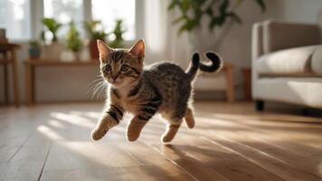 A playful kitten leaps across a sunlit wooden floor in a cozy indoor space. photo