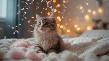 A playful cat surrounded by colorful confetti and soft blankets in a cozy setting. photo