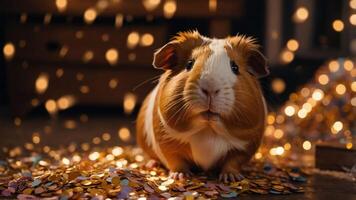 A cute guinea pig surrounded by colorful confetti and sparkles, creating a festive atmosphere. photo