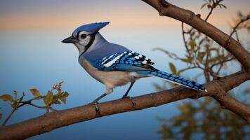 A blue jay perched on a branch against a soft, blurred background. photo