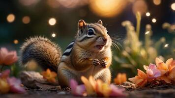 A chipmunk surrounded by colorful flowers in a serene, magical setting. photo