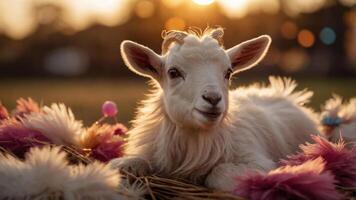 A cute goat resting on hay with colorful decorations in a warm sunset setting. photo