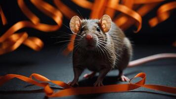 A close-up of a mouse surrounded by orange ribbons on a dark surface. photo