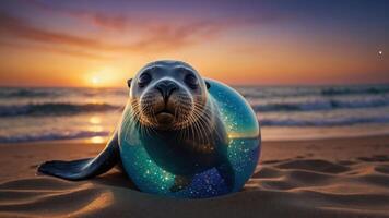 A seal resting on the beach at sunset, surrounded by a shimmering ball. photo