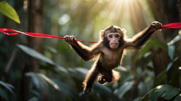 A monkey swinging on a red ribbon in a lush forest, capturing a playful moment in nature. photo