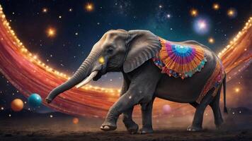 An elephant adorned with colorful decorations walks through a starry, vibrant backdrop. photo