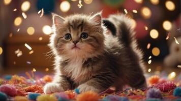 un juguetón gatito rodeado por vistoso decoraciones y destellos, evocando alegría y monería. foto