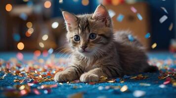A playful kitten surrounded by colorful confetti on a blue carpet. photo