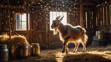 A goat stands in a rustic barn, illuminated by sunlight, surrounded by hay and jars. photo