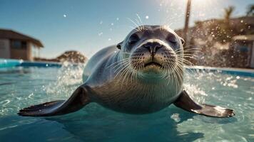 A seal swimming in a pool, playfully splashing water. photo
