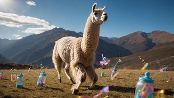 A llama runs through a scenic landscape, surrounded by colorful decorations and jars. photo