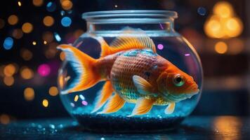 A vibrant goldfish in a bowl, illuminated by colorful bokeh lights. photo