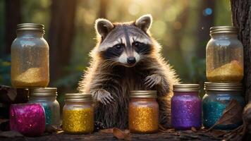 A raccoon surrounded by colorful glitter jars in a forest setting. photo