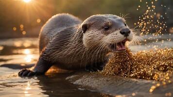 A playful otter splashes water while foraging in a natural setting during golden hour. photo