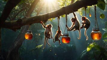 Monkeys playfully hanging on a branch with jars of honey in a vibrant jungle setting. photo