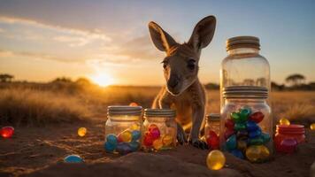 A kangaroo explores colorful jars and eggs at sunset in a natural setting. photo
