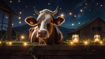 A cow stands in a serene night setting adorned with lights and stars. photo