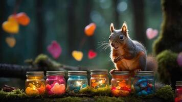 A playful squirrel curiously inspects colorful jars filled with vibrant stones in a forest setting. photo