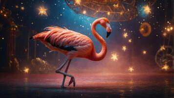 A vibrant flamingo gracefully walks in a whimsical, colorful circus-like setting. photo