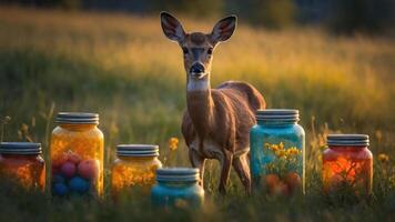 A deer stands amid colorful jars in a sunlit field, blending nature and vibrant art. photo