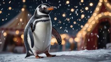A penguin stands in the snow near a festive circus tent, surrounded by falling snowflakes. photo