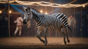 A zebra performs in a circus setting, surrounded by spectators and festive lighting. photo