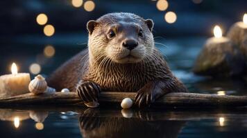 A serene otter resting by a candlelit pond, surrounded by shells and soft bokeh lights. photo