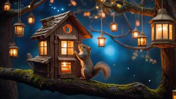 A whimsical scene featuring a squirrel approaching a cozy treehouse illuminated by lanterns. photo