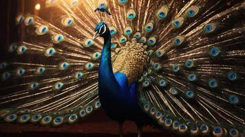 A vibrant peacock displaying its colorful feathers in a captivating pose. photo