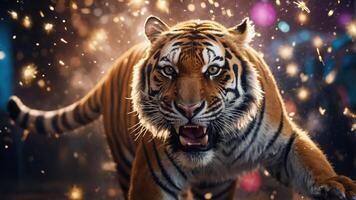 A fierce tiger charges forward amidst a sparkling, dynamic background. photo