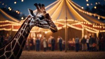 A giraffe stands near a festive tent with lights and people enjoying an evening event. photo