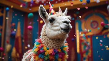 A festive llama wearing a colorful party outfit amidst confetti and decorations. photo