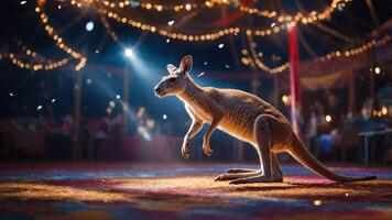 A kangaroo performs in a spotlight within a lively circus setting. photo