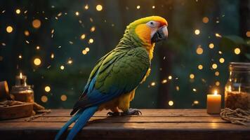 A colorful parrot perched on a wooden table surrounded by soft lighting and candles. photo